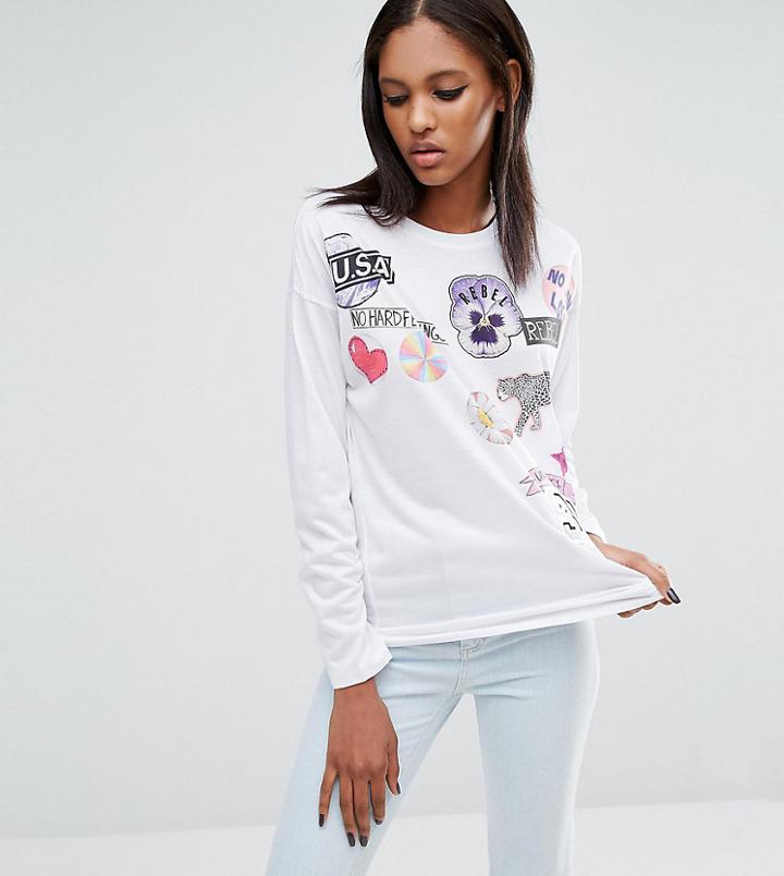 Asos Tall T-shirt With Mix And Match Badge Print And Long Sleeves - White
