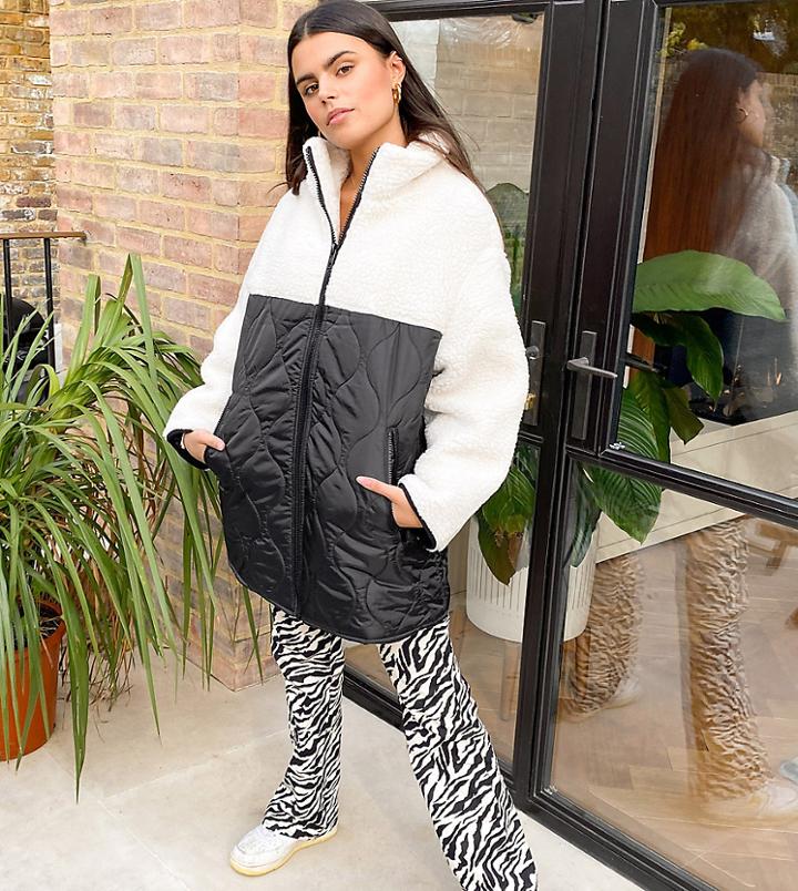 Asos Design Petite Shearling Jacket With Quilted Panelling In Mono-multi