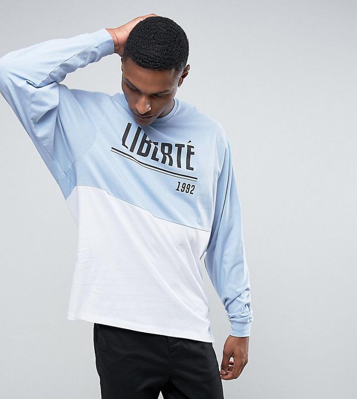 Asos Tall Super Oversized Batwing Long Sleeve T-shirt With Liberte Print And Color Block Panelling - Blue