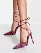 Asos Design Prize Tie Leg High Heeled Shoes In Marble Print-multi