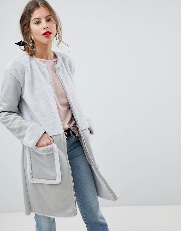 Vila Faux Sherling Coat - Gray