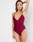 Asos Lace Up Back Plunge Swimsuit - Purple