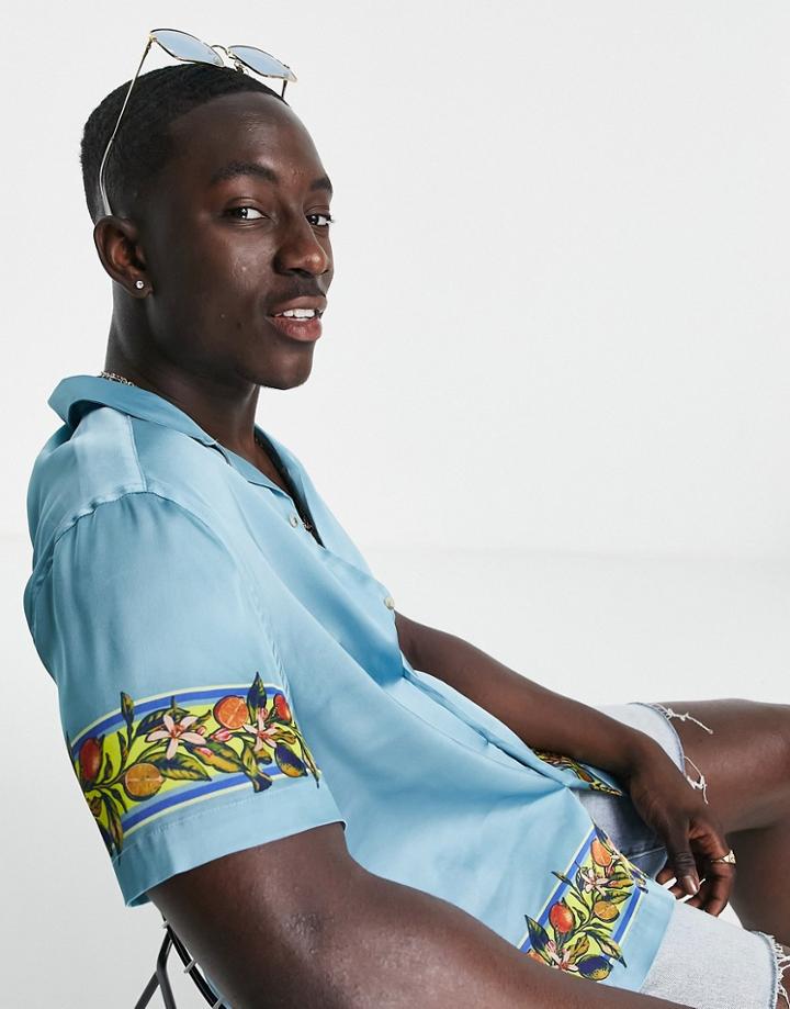 Asos Design Relaxed Revere Shirt With Floral Border Print In Blue Satin-blues