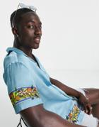 Asos Design Relaxed Revere Shirt With Floral Border Print In Blue Satin-blues