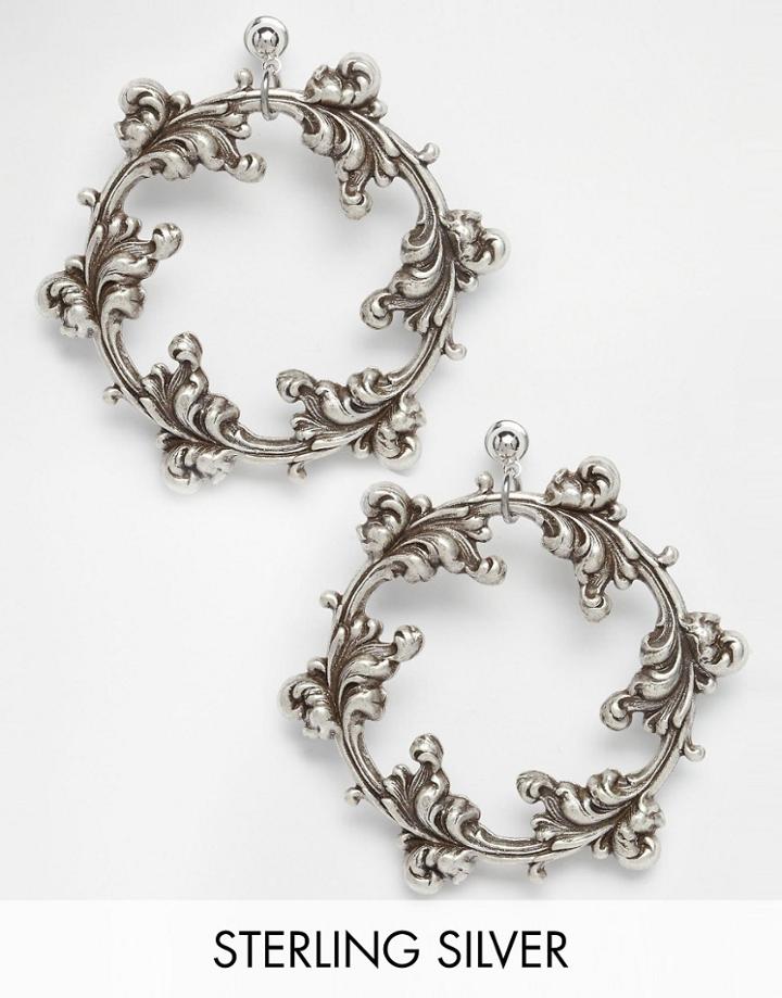 Regal Rose Dark Wreath Sterling Silver Plated Hoop Earrings - Silver