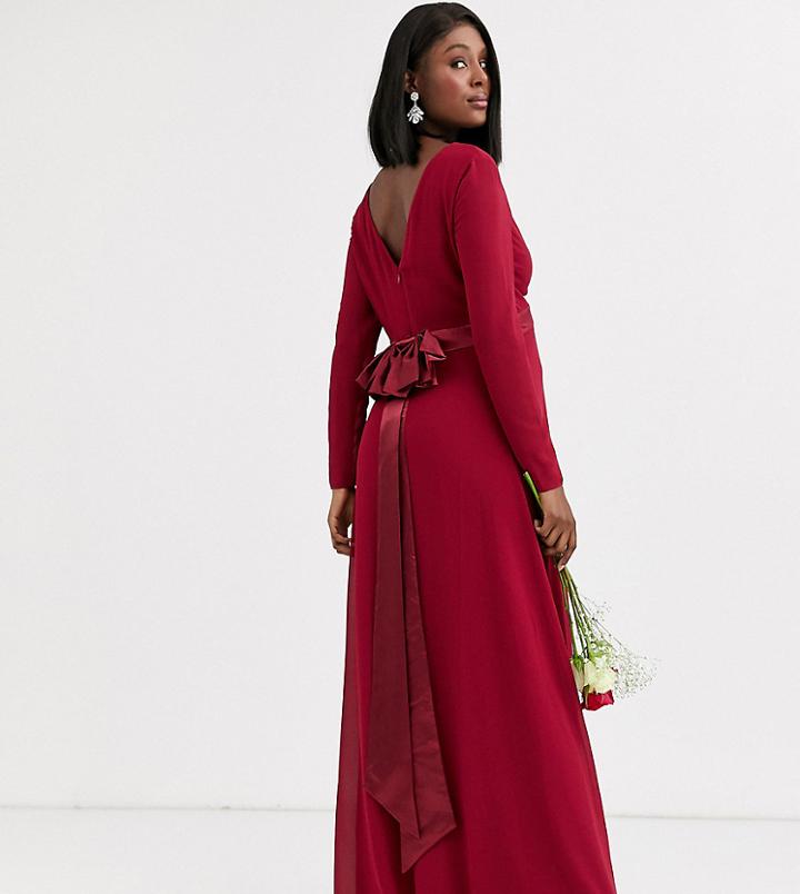 Tfnc Maternity Bridesmaid Long Sleeve Maxi Dress With Satin Bow Back In Mulberry - Red