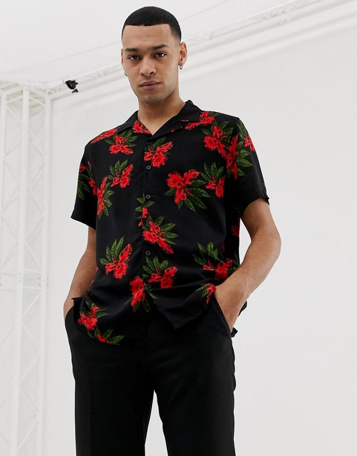 New Look Revere Collar Shirt In Red Floral Print - Red