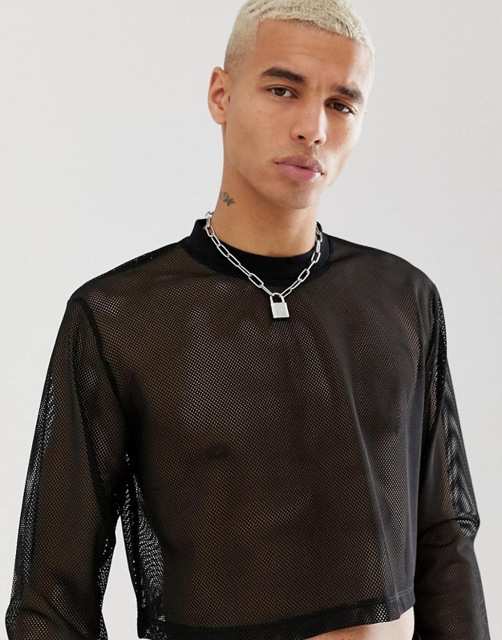 Asos Design Relaxed Cropped Long Sleeve T-shirt In Black Mesh