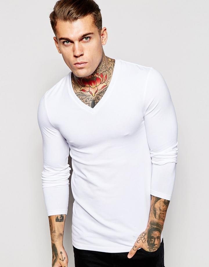 Asos Extreme Muscle Long Sleeve T-shirt With V Neck In White - White