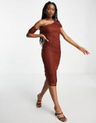 Asos Design Fallen Shoulder Ruched Textured Mesh Midi Dress In Dark Cherry
