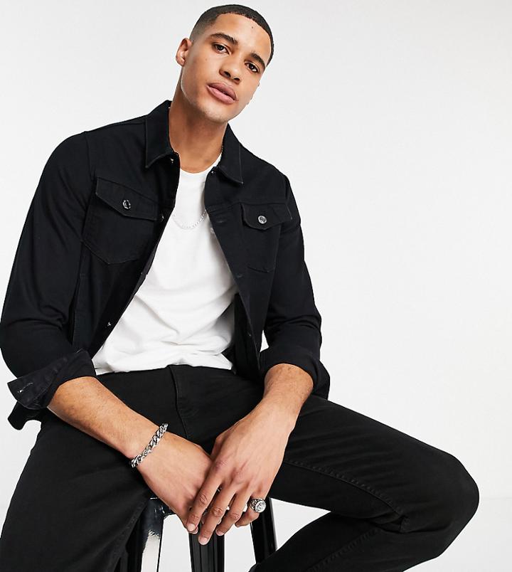Dtt Tall Slim Fit Denim Jacket In Black