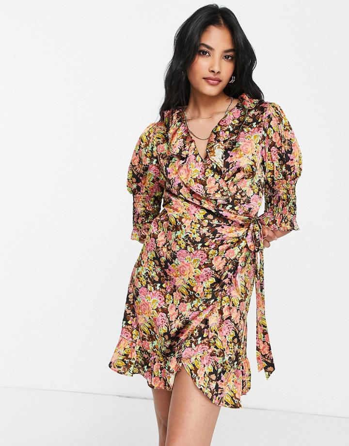 Topshop Floral Ruffle Wrap Mini Dress In Multi