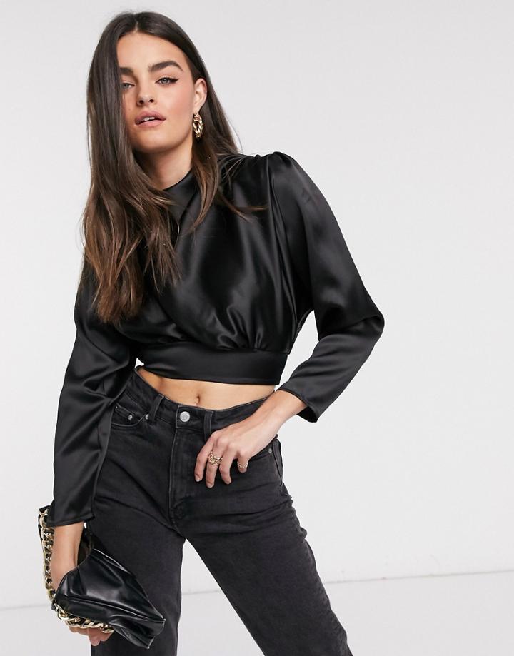 Flounce London Gathered Satin Crop Top With Shoulder Pads And Cut Out Back In Black