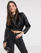 Flounce London Gathered Satin Crop Top With Shoulder Pads And Cut Out Back In Black