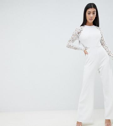 John Zack Petite Lace Sleeve Jumpsuit - White