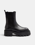 Topshop Square Toe Leather Chunky Chelsea Boots In Black