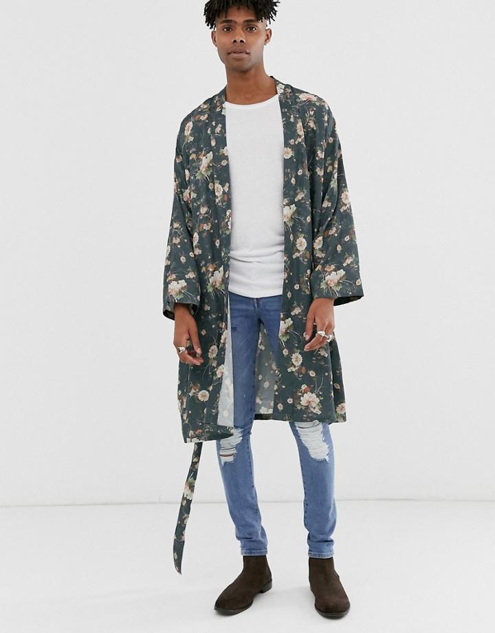 Asos Design Floral Longline Kimono - Gray