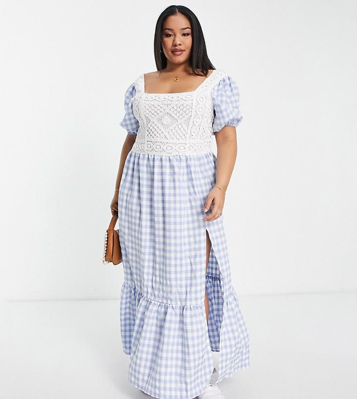Asos Design Curve Crochet Insert Cotton Poplin Maxi Dress In Blue Gingham-multi