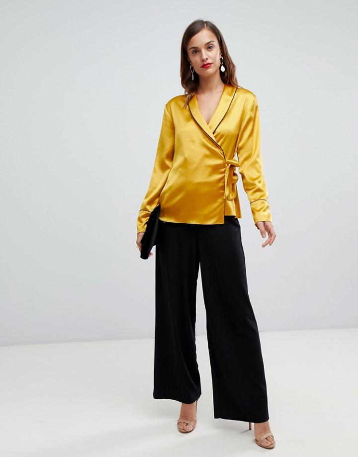Asos Design Satin Wrap Top With Piping Detail - Yellow