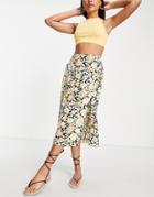 Miss Selfridge Eco Button Split Midi Skirt In Tropical Floral-black