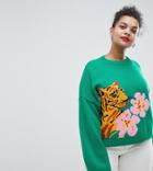 Asos Design Curve Tiger Sweater With Tropical Flower - Green