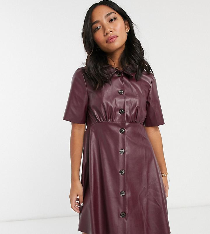 Asos Design Petite Leather Look Mini Shirt Dress-red
