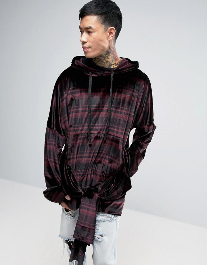 Granted Oversized Hoodie With Tied Sleeves In Check Velvet - Black