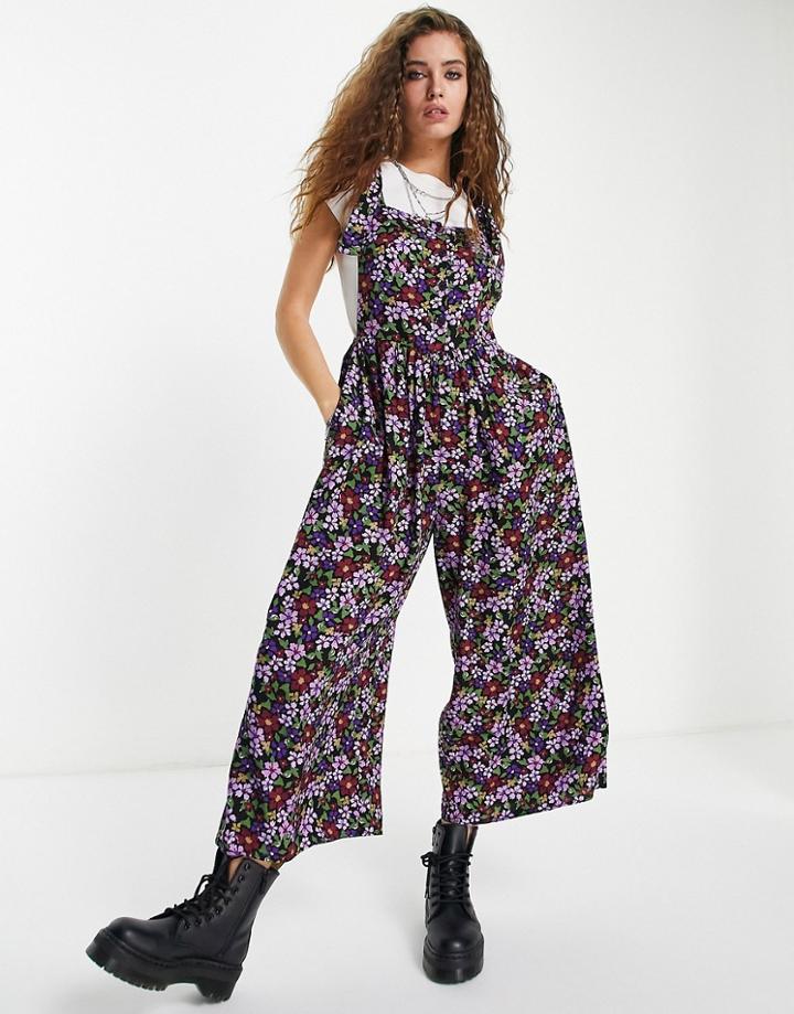 Asos Design Spun Tie Shoulder Button Front Overalls In Grunge Floral-multi