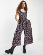 Asos Design Spun Tie Shoulder Button Front Overalls In Grunge Floral-multi