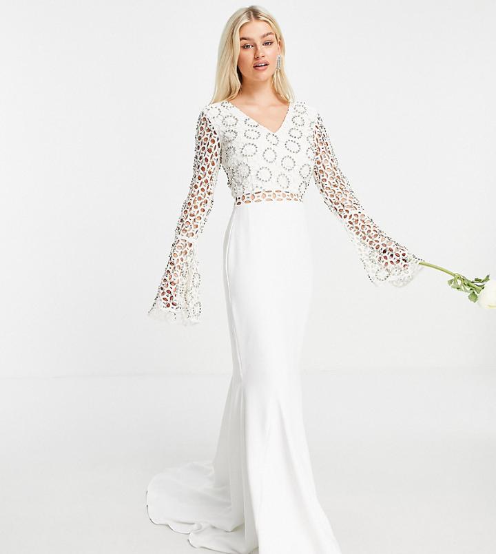 Virgos Lounge Petite Bridal Long Sleeve Lace Dress In White