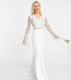 Virgos Lounge Petite Bridal Long Sleeve Lace Dress In White