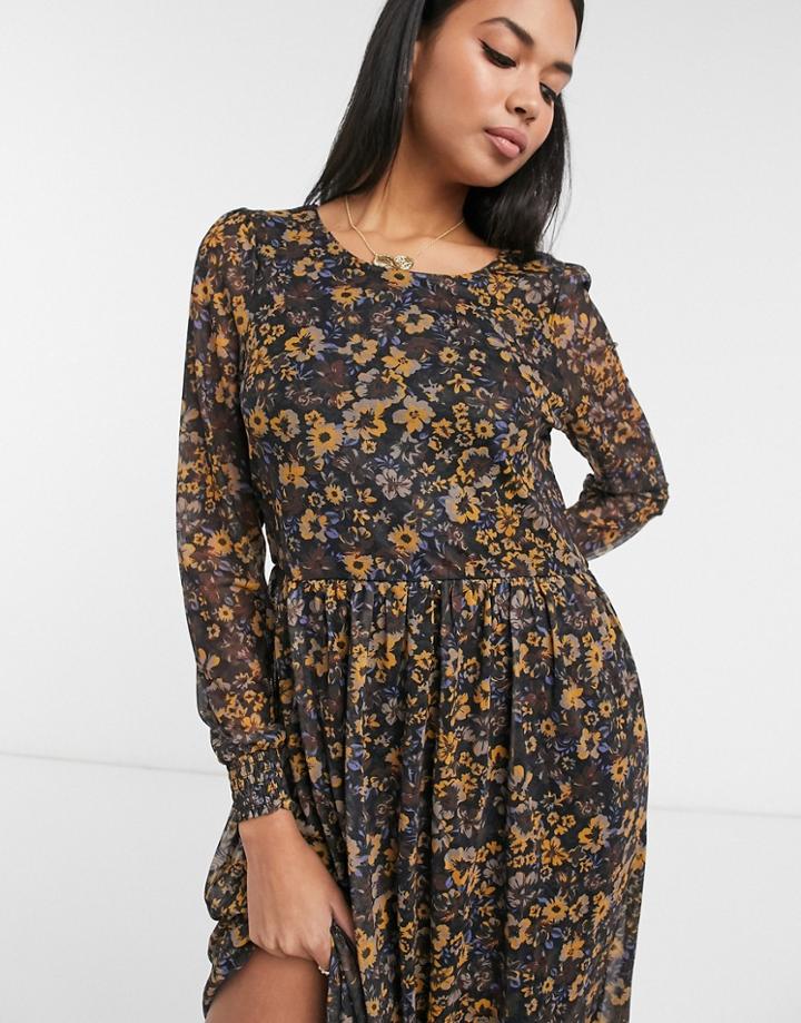 Vila Midi Dress With Mesh Sleeves In Floral-multi
