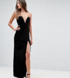 Ttya Black Structured Bandeau Maxi Dress With High Thigh Split - Black