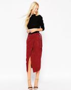 Asos Suede Pencil Skirt With Obi Self Belt - Red