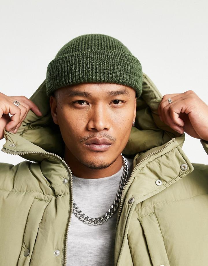 Asos Design Lambswool Mini Fisherman Beanie In Khaki-green