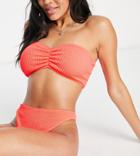 Asos Design Mix And Match Crinkle Ruched Bandeau Bikini Top In Coral-orange