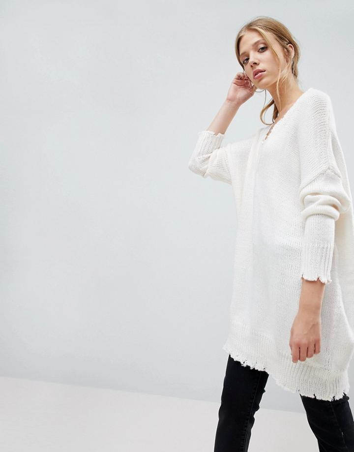 Bershka V Neck Nibbled Sweater - Cream
