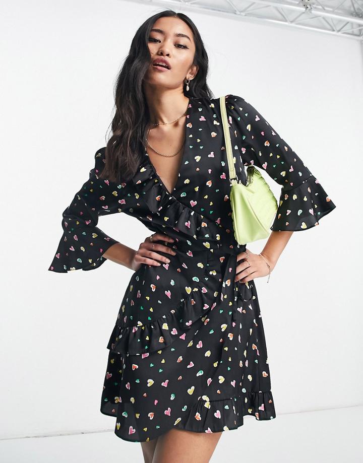 Miss Selfridge Satin Ruffle Wrap Fit And Flare Mini Dress In Heart Print-multi