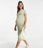 River Island Maternity Ribbed Midi Dress In Light Khaki-green