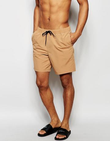 Asos Mid Length Swim Shorts In Tobacco - Tobacco