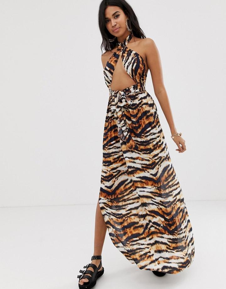 Asos Design Cross Neck Split Front Maxi Dress In Tiger Animal Print - Multi