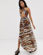 Asos Design Cross Neck Split Front Maxi Dress In Tiger Animal Print - Multi