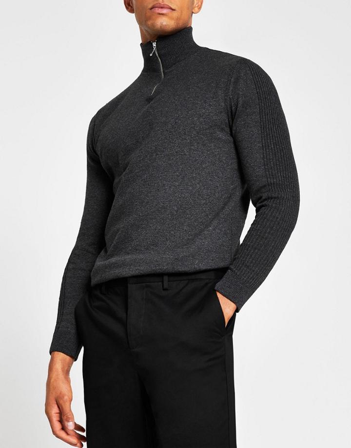 River Island Half Zip Funnel Neck Sweater In Charcoal-grey