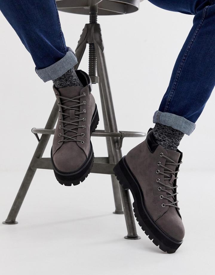 Asos Design Lace Up Boots In Gray Faux Suede With Chunky Sole - Gray