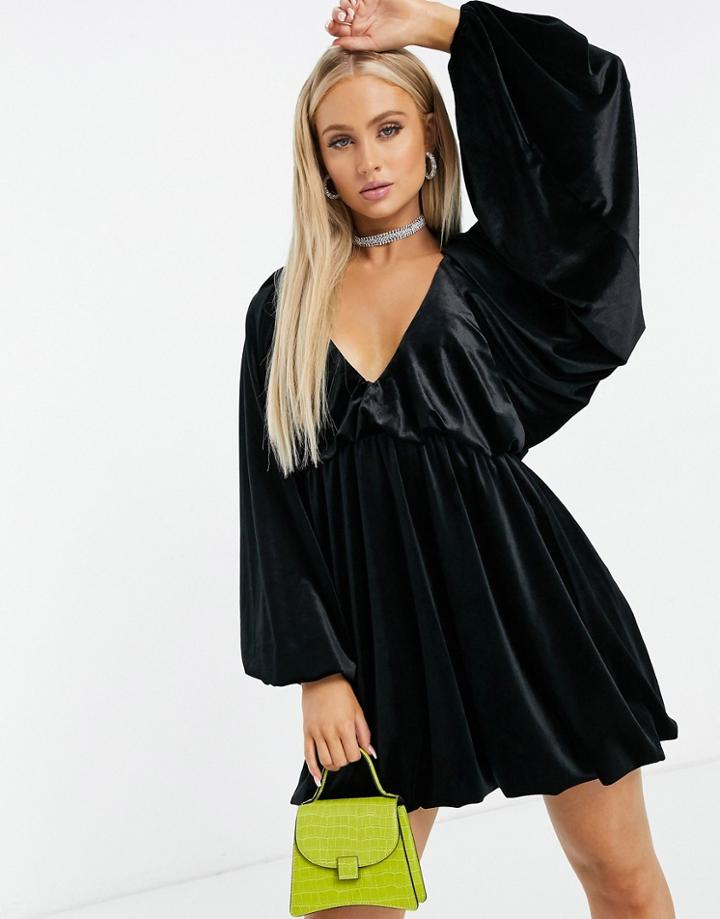 Asos Design Velvet Smock Oversized Mini Dress In Black-blue