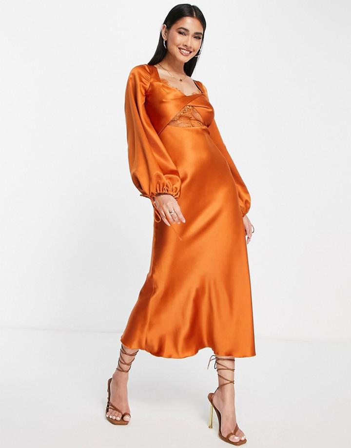 Asos Design Bias Satin Long Sleeve Midi Dress With Delicate Lace Detail And Twist Front Detail In Rust-orange