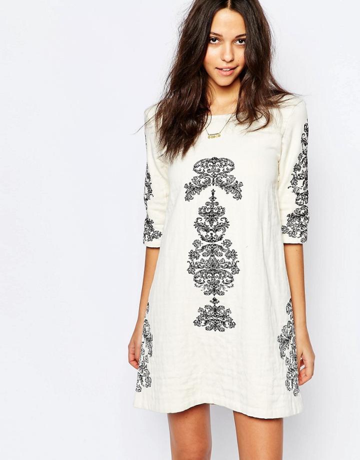 Ba & Sh Embroidered Jungle Dress With Deep V Back - Ecru B