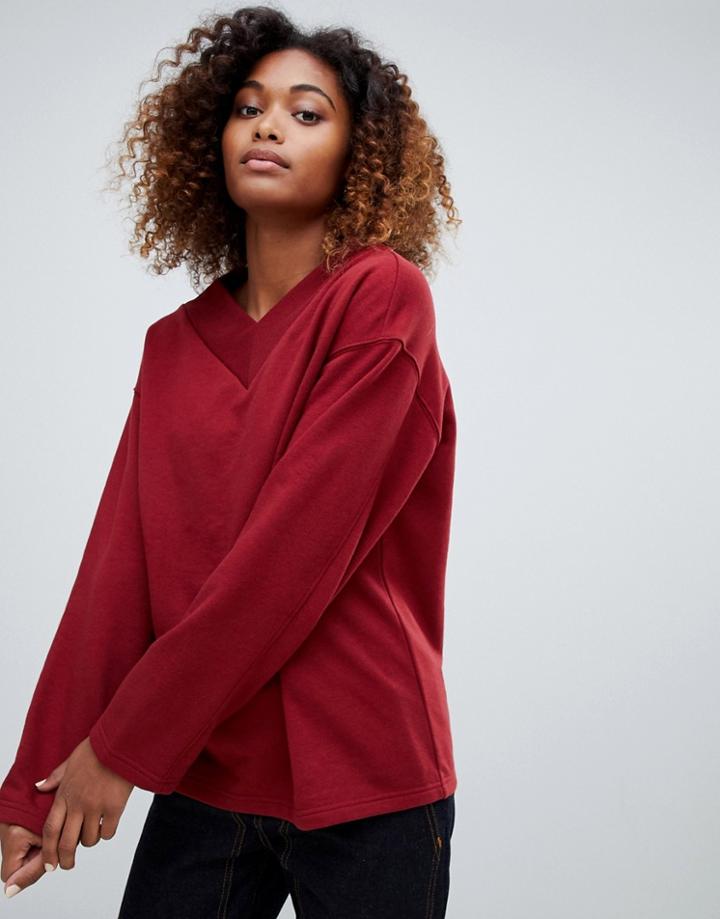 Weekday V-neck Sweatshirt In Dark Red - Red