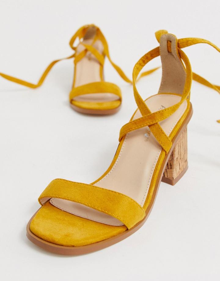 Public Desire Vogue Yellow Ankle Tie Cork Heeled Sandals