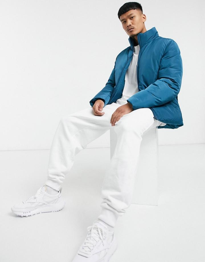 Asos Design Puffer Jacket With Funnel Neck In Teal-green